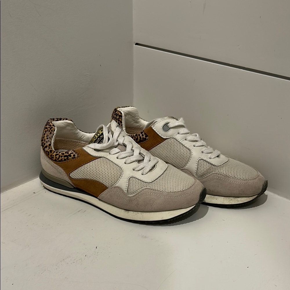 Stylish White and Brown Sneakers with Leopard Print